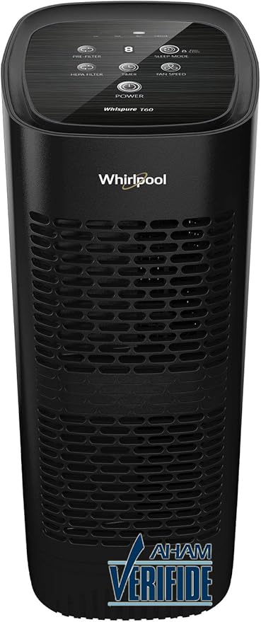 Whirlpool Whispure WPT60B, True HEPA Air Purifier, Activated Carbon Advanced Anti-Bacteria, Ideal for Allergies, Odors, Pet Dander, Mold, Smoke, Smokers, and Germs, Medium, Black