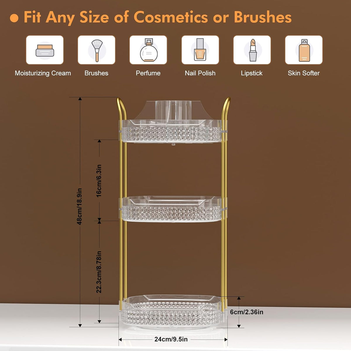 Awenia Rotating Makeup Organizer 360, Stackable Adjustable Large Capacity Cosmetic Storage Unit,Dresser Bathroom Kitchen Countertop Organizer with Metal Handle, Plus Size (Clear, 3 Tier)