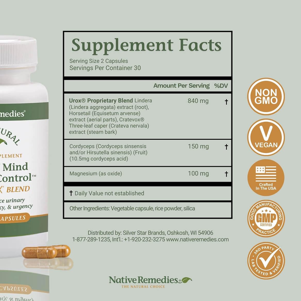 Native Remedies Bladder Control Supplements - Peace of Mind with Urox - Bladder Support for Women & Men, for Overactive Bladders Health - Reduce Nighttime Urination - Non-GMO Vegan Capsules (60 Count)