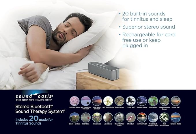 Sound Oasis Stereo Bluetooth Sound Machine for Sleep and Tinnitus Masking, 20 Non-Looping Soothing Sounds Plus Pink Noise, Hi-Fidelity Speakers, Portable Sound Therapy for Home, Baby, Office or Travel
