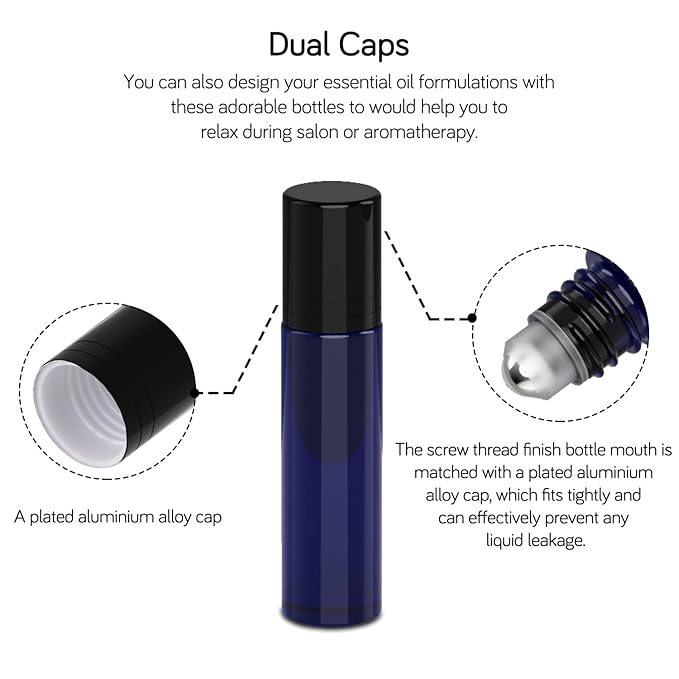 PrettyCare 6 Pack, 10 ml Essential Oil Roller Bottles with Stainless Steel Roller Ball - Refillable Leak-proof Empty Thick Blue Glass Roll on Bottles with Black Caps for Travel, Perfume
