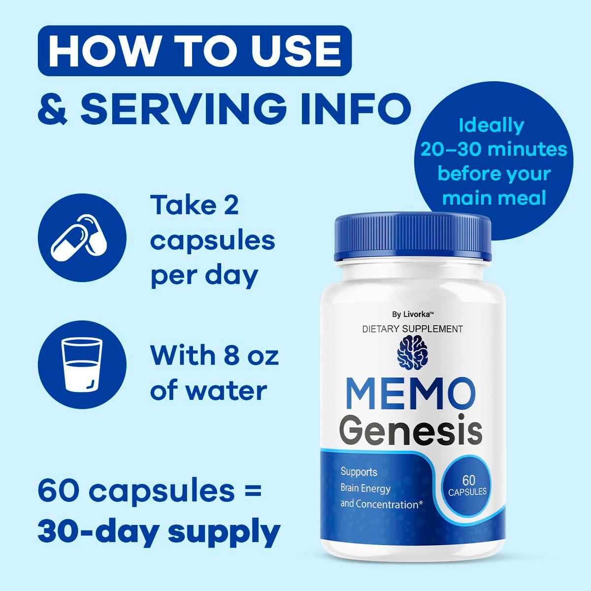 Memo Genesis Capsules - Original MemoGenesis Brain Health Daily Support Pills Natural Advanced Formula Cognitive Health & Function to Help Maintain Clarity Focus, 60 Capsules for 1 Month