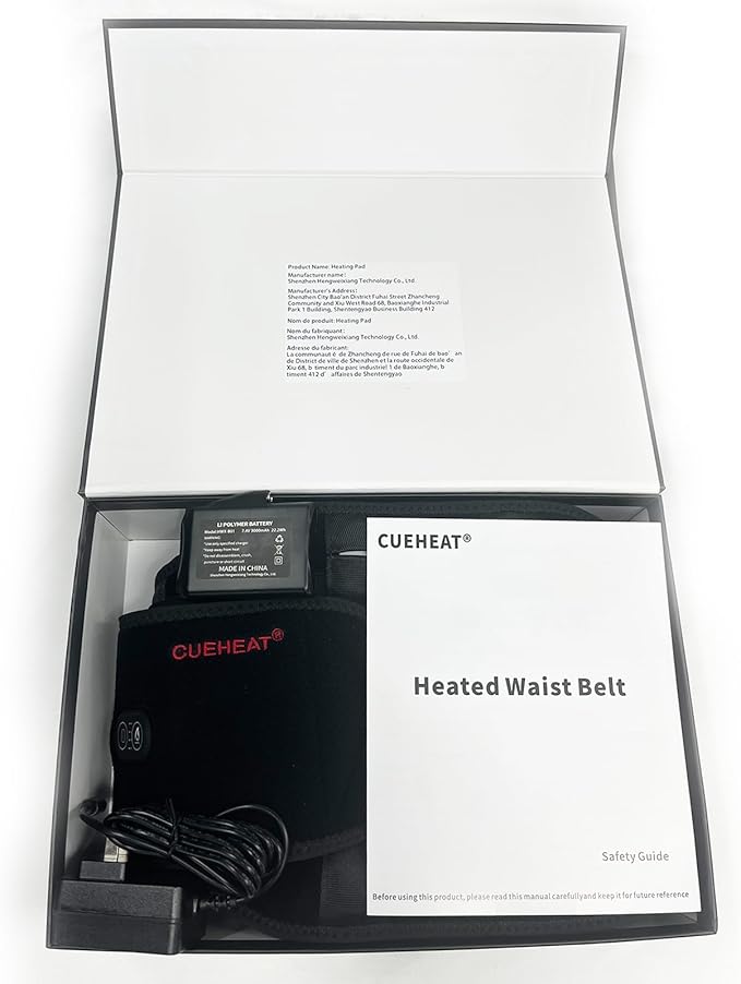 CUEHEAT Heated Waist Belt, Cordless Heating Pad for Low Back, Electrical Heating and Massage, Rechargeable Battery Powered (Dark Black, 49inch)