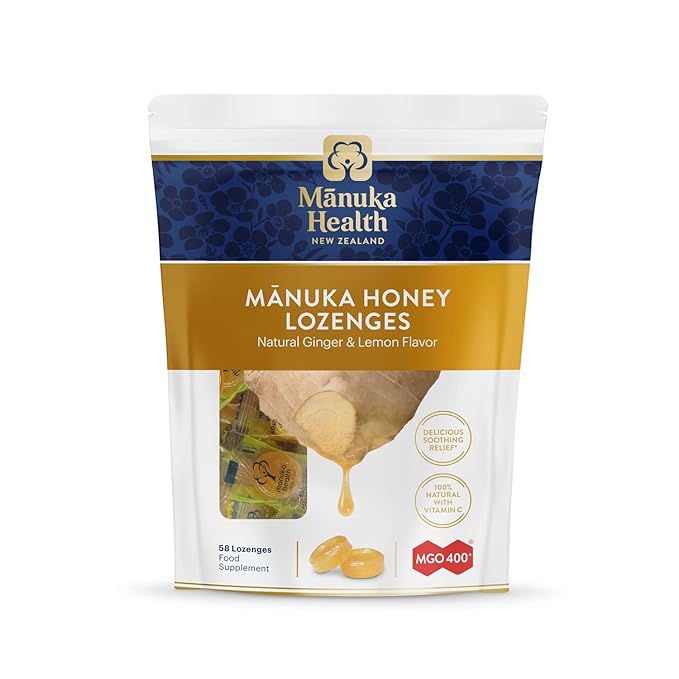 Manuka Health Manuka Honey Lozenges – 58 Lemon and Ginger Flavored Lozenges – Natural Throat Lozenges Infused with Raw Manuka Honey and Vitamin C for Immune Support