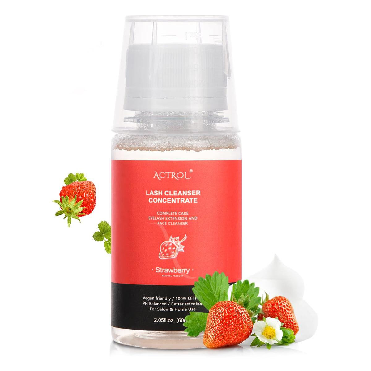Eyelash Cleanser Concentrate 60ml Strawberry Professional Lash Shampoo Foaming Cleanser DIY Paraben & Sulfate Free Non-lrritating Wash for Extensions Lashes with Salon Home Care-Makes 6 Bottles