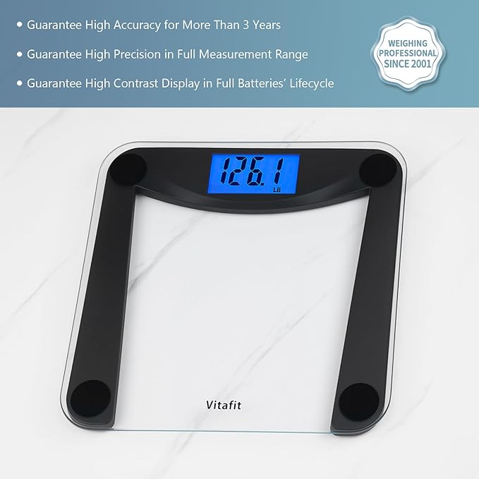 Vitafit Digital Bathroom Weight Scale for Body Weight, High Accuracy Assured by Weighing Professional Since 2001,Extra Large Blue Backlit LCD and Step-On, 400lb/180kg, Superb Black