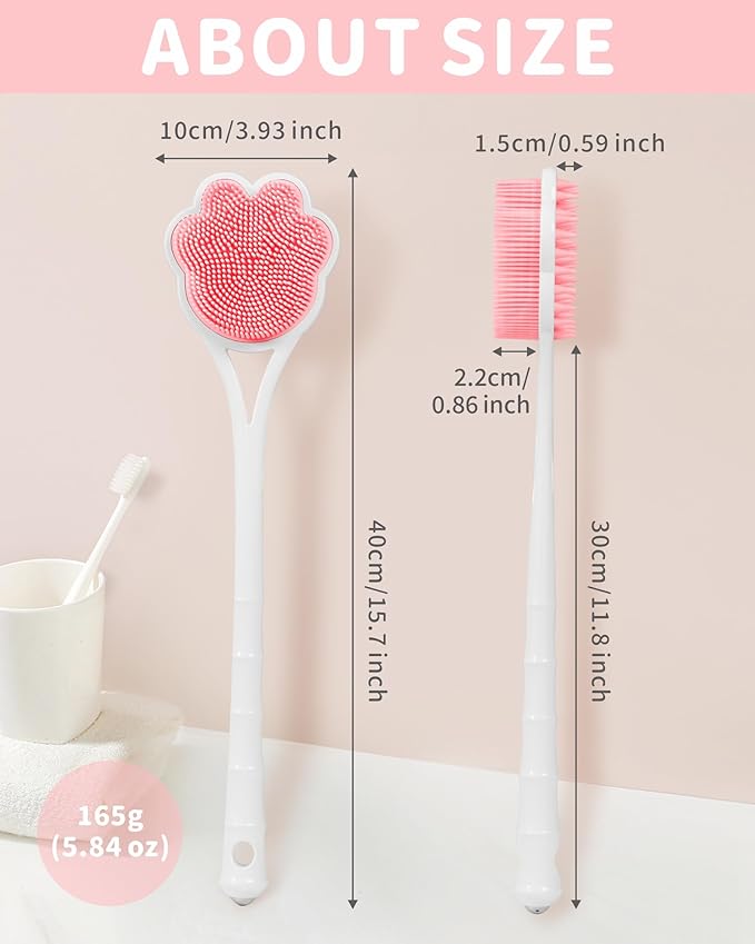 Manmihealth 15.7" Cute Back Scrubber & Soft Silicone Shower Brush Face Scrubber Set (3 PCS), Paw-Shaped Silicone Back Brush & Body Facial Scrubber with Super-Soft Bristles Combination(PinkSet)