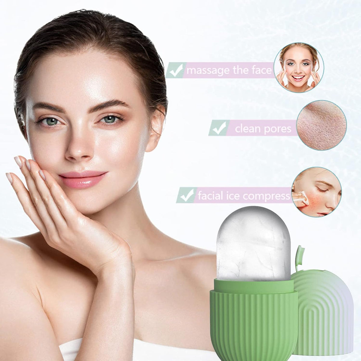 Ice Face Roller, Reusable Silicone Mold Face Massage Eye Facial Beauty Skin Care Tools Apply Ice for Shrink Pores Anti Wrinkle Reduce Puffiness Improve Skin Elasticity, Striped, Green