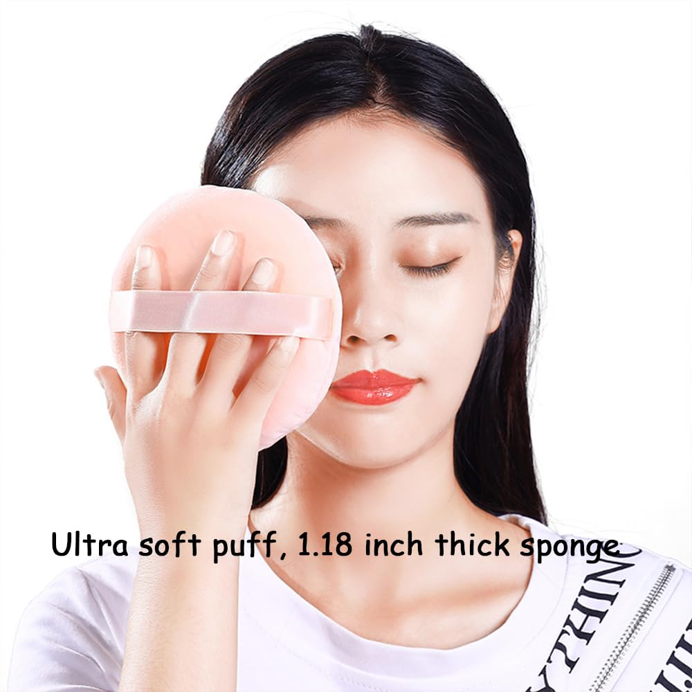 2 Pack Extra Large 5.2" Beige & Purple Powder Puffs and 5.3" Glass Container – Oversized Soft Body & Face Large Powder Puff Dusting Powder Jar Holder Case(Pink Glass)