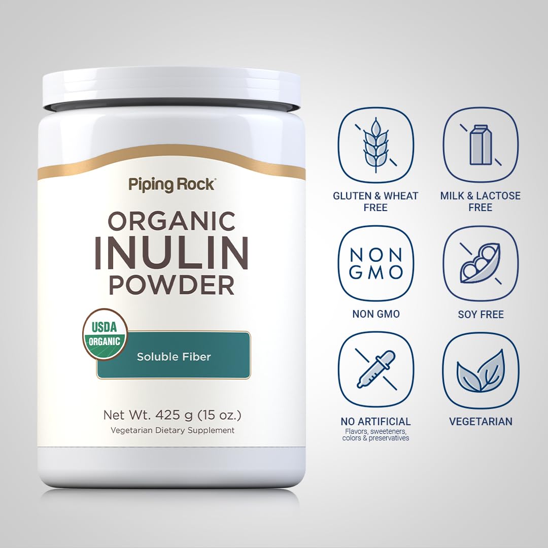 Piping Rock Organic Inulin Powder | 15 oz | Soluble Fiber Supplement | FOS Powder | Vegetarian, Non-GMO, Gluten Free