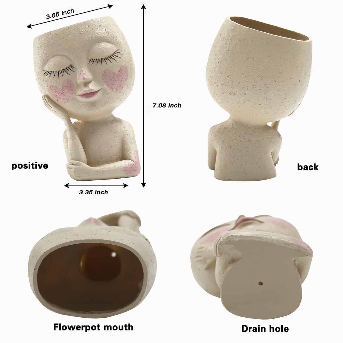 UMESONG Smiley Face Flower Planters Pots for Indoor Plants Resin Head Planter with Drainage Hole One Hand Hold Cute Face Succulent Pots with Closed Eyes for Outdoor Garden Planter (Light)