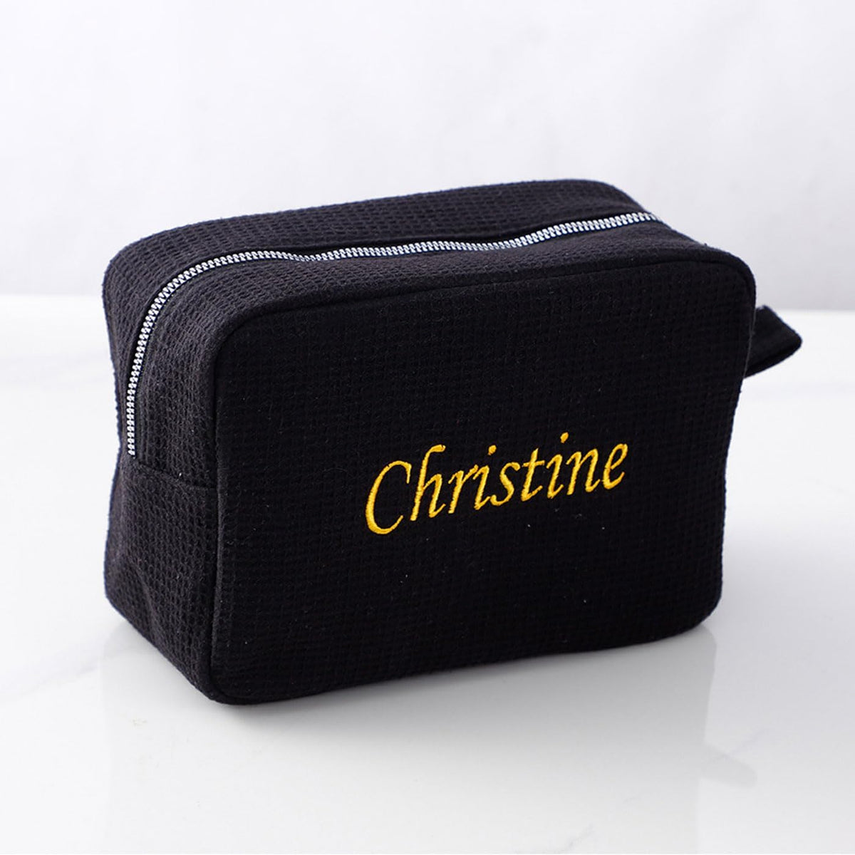 GOPHIE Personalized Embroidered Makeup Bag,Custom Waffle Fabric Cosmetic Pouch for Women, Travel Makeup Pouch (6, Black)