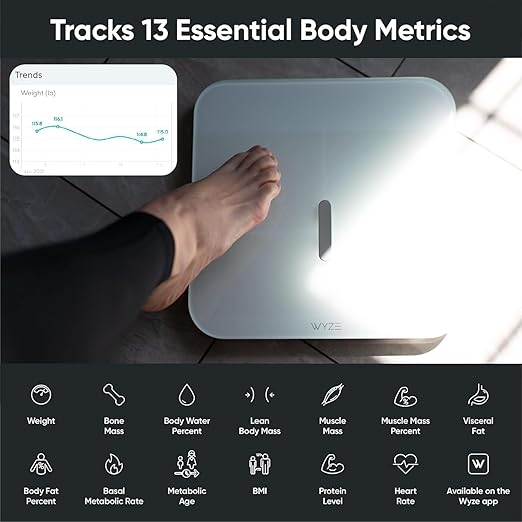 Wyze Smart Scale X - FSA/HSA Eligible - Digital Bathroom Scale for Body Weight, BMI, Body Fat, Muscle Mass, Heart Rate Monitor | ITO Glass & LED Backlight | Batteries Included, 400 lbs (White)