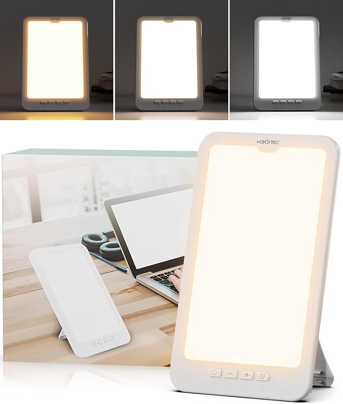 HIBOITEC Light Therapy Lamp, 10000 Lux Therapy Light, Sun Light Therapy Lamp with 3 Color Temperature & 5 Adjustable Brightness & 4 Timing & Memory Function, Portable Light Therapy Box for Home/Office