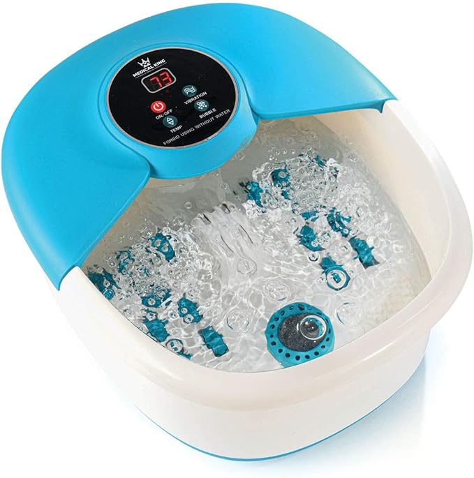 Medical king Foot Spa Massager with Heat, 14 Rollers in Foot Shape - 5 in 1 Foot Bath Massager - Adjustable Heating, Bubbles, Vibration, Pumice Stone, Mini Massage Points