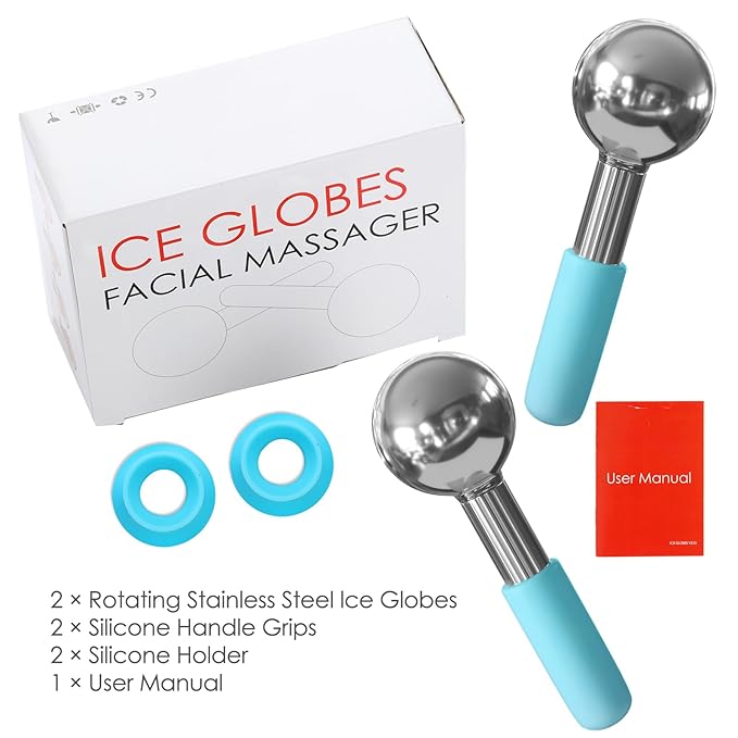 Rotating Stainless Steel Ice Globes for Facials, Unbreakable Ice Globe Cooling Roller Balls for Face, Neck, Eyes Skin Care, Cryo Sticks to Reduce Dark Circles, Puffiness, Wrinkles, Anti-Aging, Blue