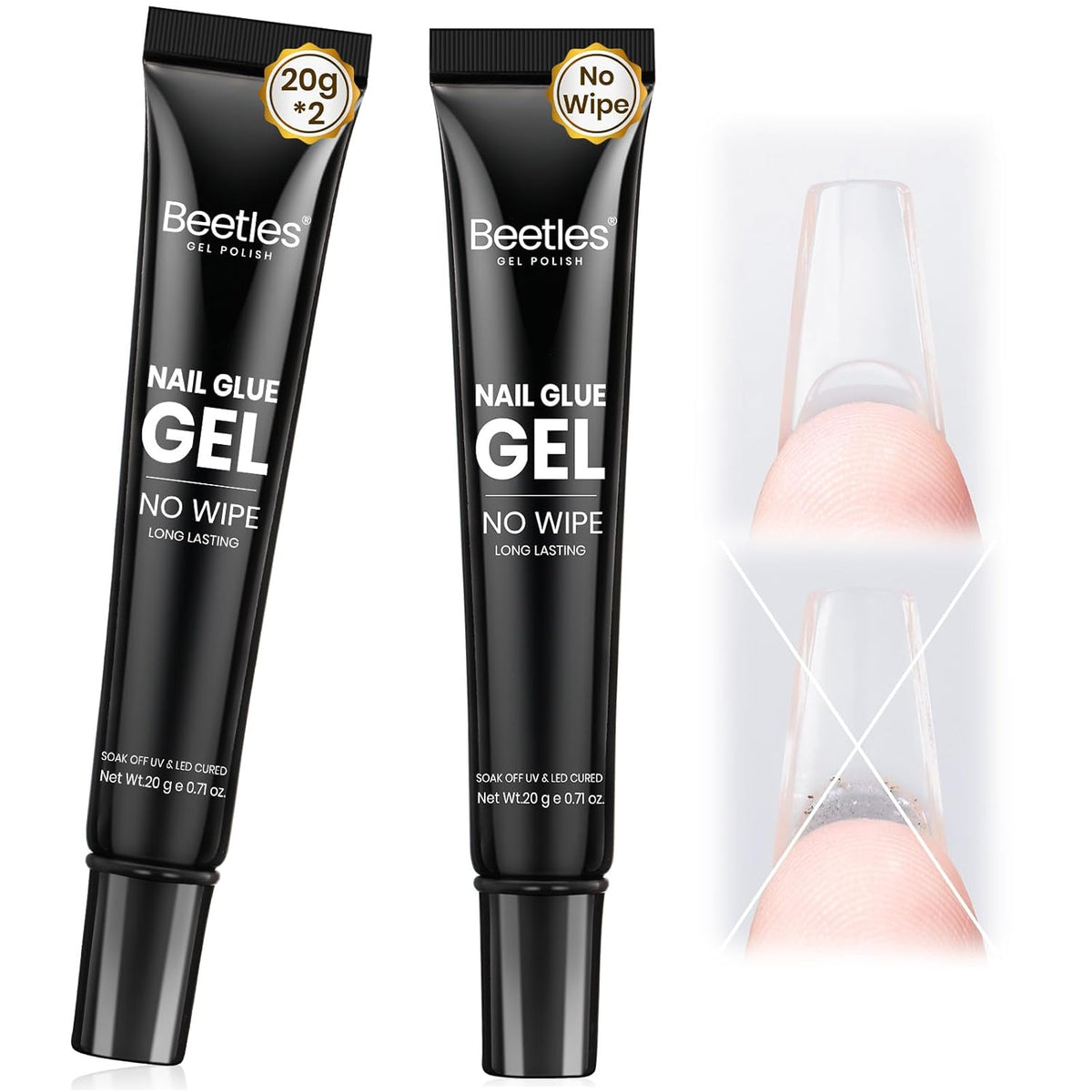 Beetles 2Pcs 20g Nail Glue Gel, No Wipe, Hands-Free Tipex Solid Nail Glue Gel, Super Strong for Acrylic Nails Extension Fake Nails, 3D Nail Art, Great for Home & Salon Use, U V Light Required