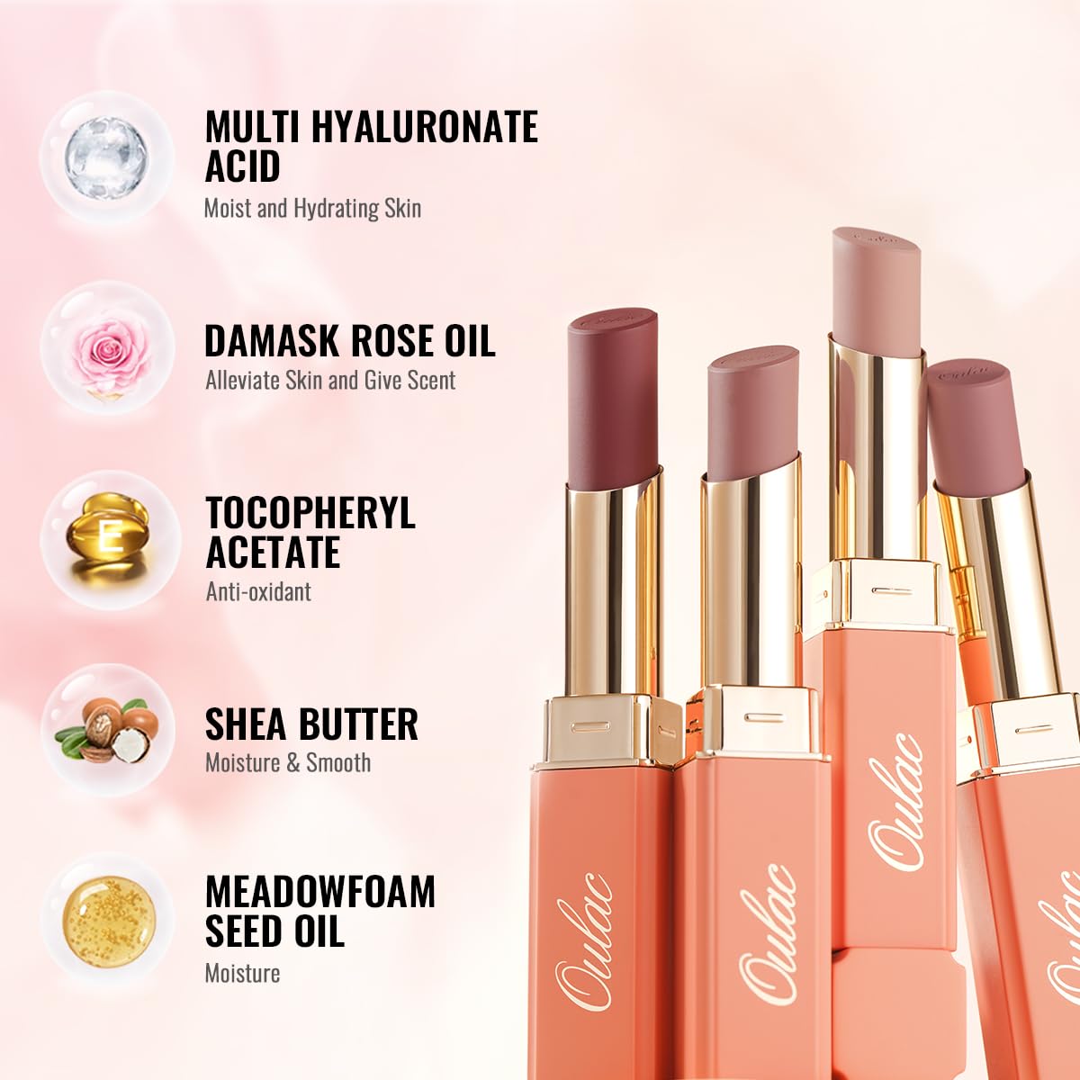Oulac Color Rich Satin Matte Lipstick – Nude Peach Lipsticks for Women, Long Lasting, Hydrating Lip Color, Non-Drying Velvet Finish, Creamy Texture, Full Coverage, Vegan, SG04