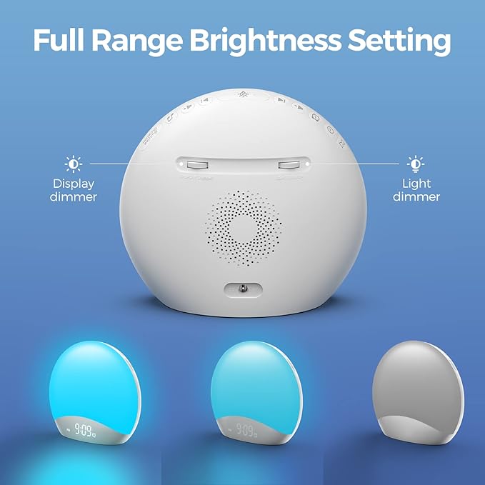 REACHER Sound Machine Sunrise Alarm Clock with Night Light, 26 Nature Inspired Sleep Sounds, 0-100% Dimmable Clock, Sunrise Lamp, Wake Up Light, Brown/Pink/White Noise Machine for Babys, Adults, Kids