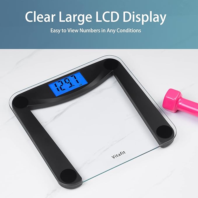 Vitafit Digital Bathroom Weight Scale for Body Weight, High Accuracy Assured by Weighing Professional Since 2001,Extra Large Blue Backlit LCD and Step-On, 400lb/180kg, Superb Black