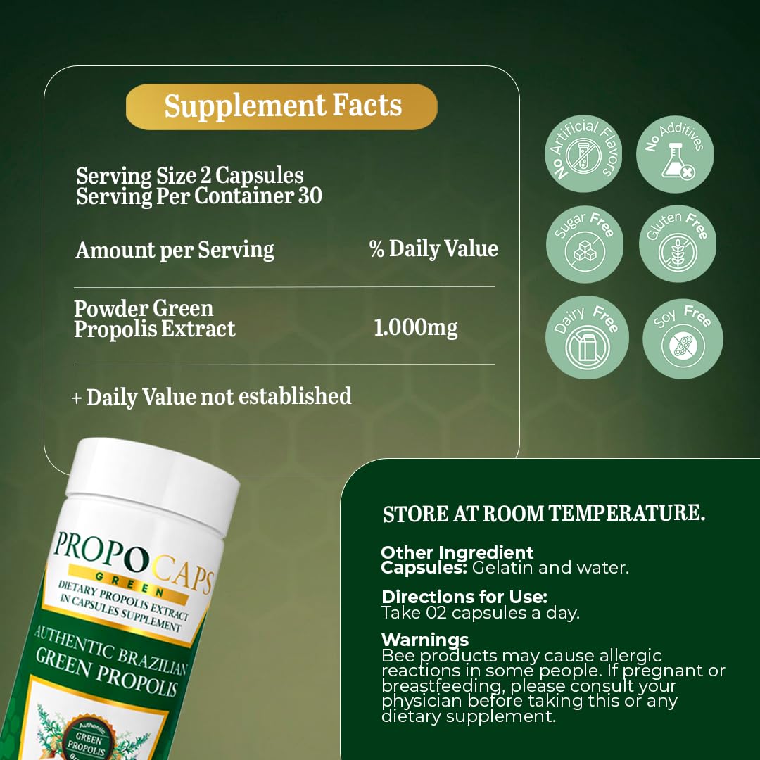 Beelife Green Propolis Capsules- 100% Brazilian Green Propolis - Immune Support & Antioxidant Booster- Certified ISO 22000, Kosher -Bee Propolis supplements capsules- Propolis Extract (60 Days Supply)