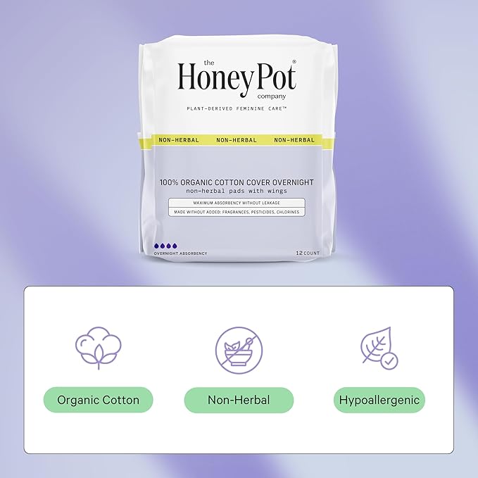 The Honey Pot Company - 48ct - Sanitary Pads for Women - Non-Herbal Overnight w/Wings - Organic Cotton Cover & Ultra-Absorbent Pulp Core - Feminine Care - FSA & HSA Eligible