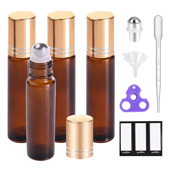 PrettyCare 4 Pack, 10 ml Essential Oil Roller Bottles with Stainless Steel Roller Ball - Refillable Leak-proof Empty Thick Amber Glass Roll on Bottles with Metal Caps for Travel, Perfume