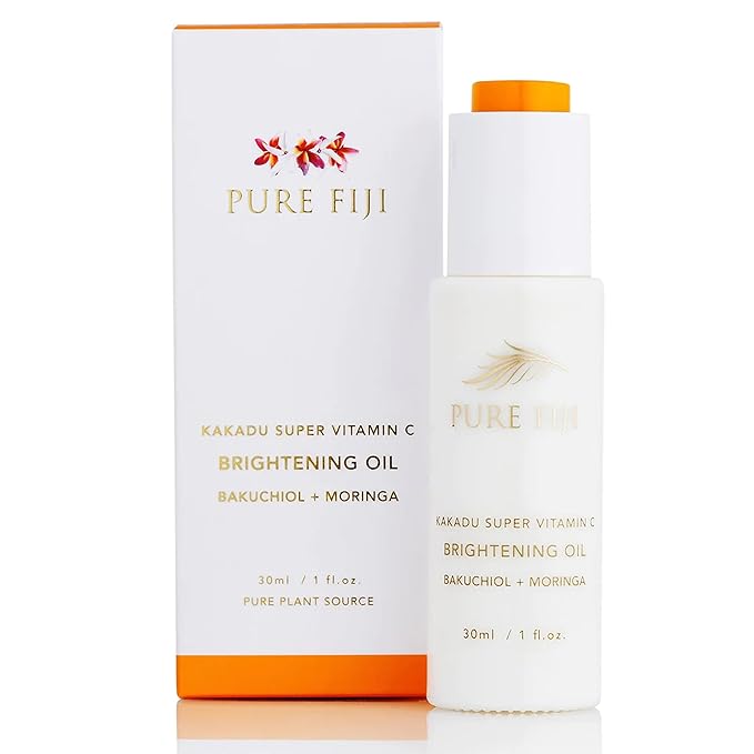 PURE FIJI Vitamin C Brightening Oil With Bakuchiol + Moringa, Beauty Face Oil, Increase Collagen Production, Promote Even Complexion Face Oil For Women, 1Fl.Oz
