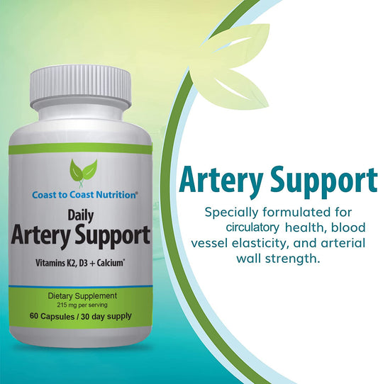 Coast to Coast Nutrition Artery Support - Artery & Circulation Supplements for Blood Flow – Vitamin K2 & D3 Blood Circulation Supplements for Men and Women - 60 Capsules