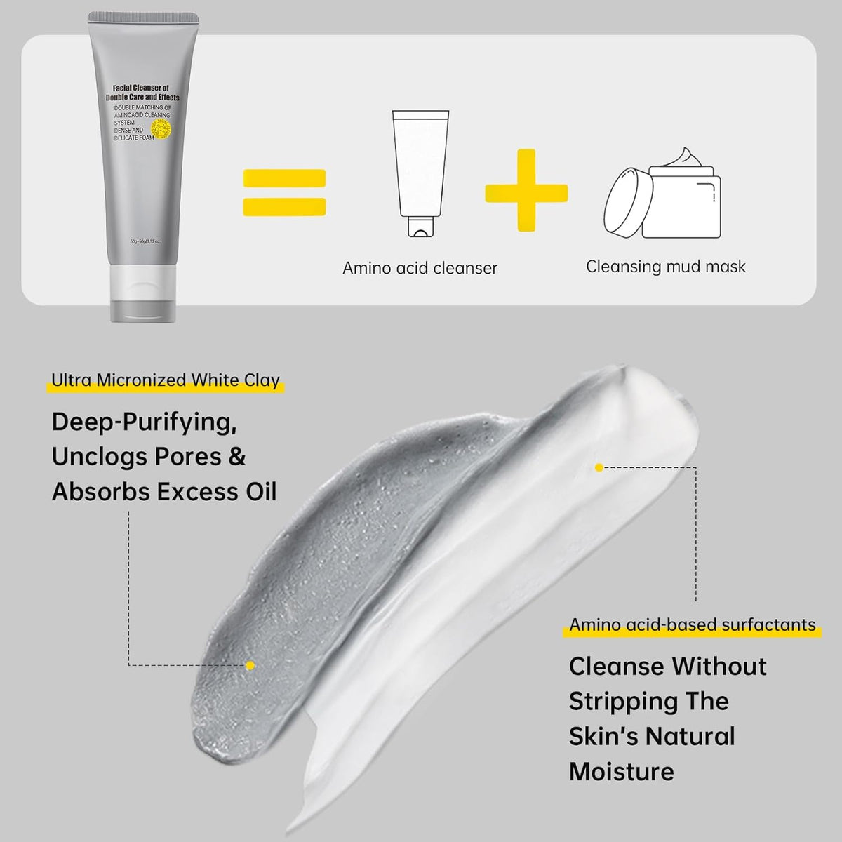 Gentle Exfoliating Face Wash for Deep Pore Cleanser and Blackhead Removal, Facial Cleanser for Oily Skin & Sensitive Skin, Double Cleansing Daily Facial Wash with Hyaluronic Acid + Glycerin, 2 Pack