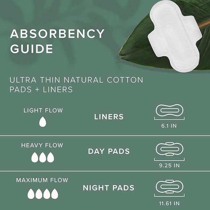 Veeda Ultra-Thin Absorbent Day Pads with 100% Natural Cotton Top Sheet are Always Chlorine and Fragrance Free, Hypoallergenic, Sanitary Napkins, 14 Count
