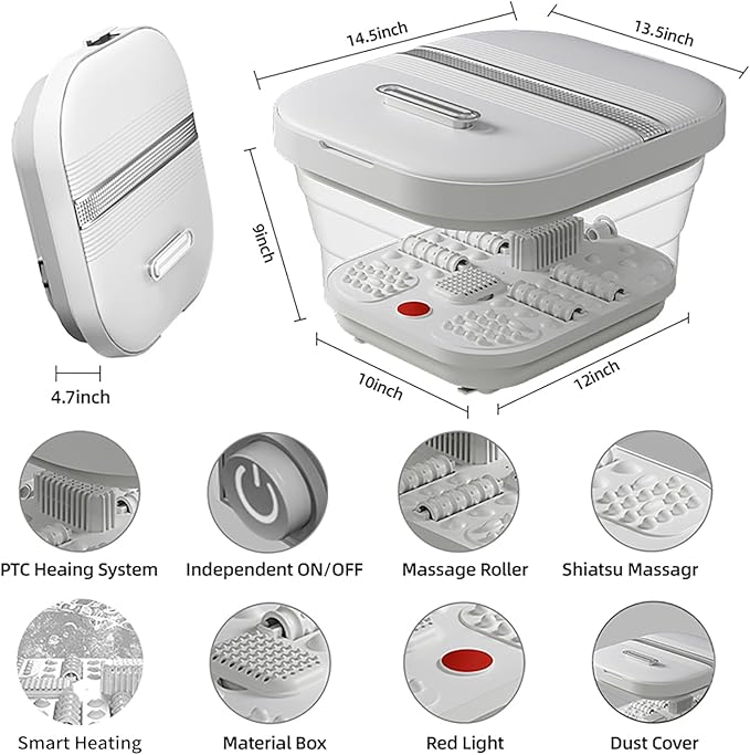 Collapsible Foot Spa Bath with Heat and Massage Rollers, Foldable Foot Bath Massager with Acupressure Massage Points,Red Light, with Smart Heating for Home Spa Use for Gift