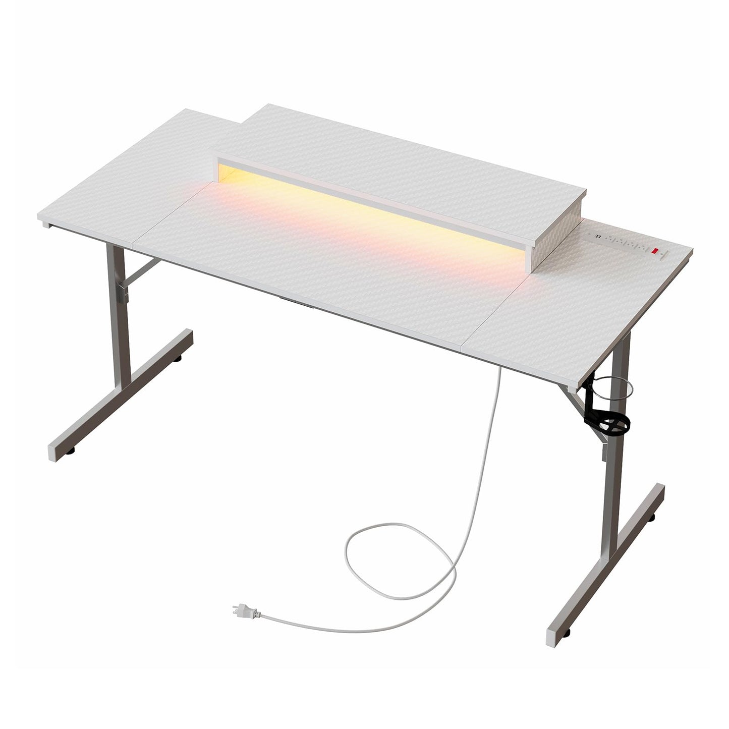 Bestier 52 inch Gaming Desk with Power Outlets and USB Charging Ports, Computer Desk with LED Lights and Monitor Stand, Gamer Desk for Home Office, Easy to Assemble, Carbon Fiber White