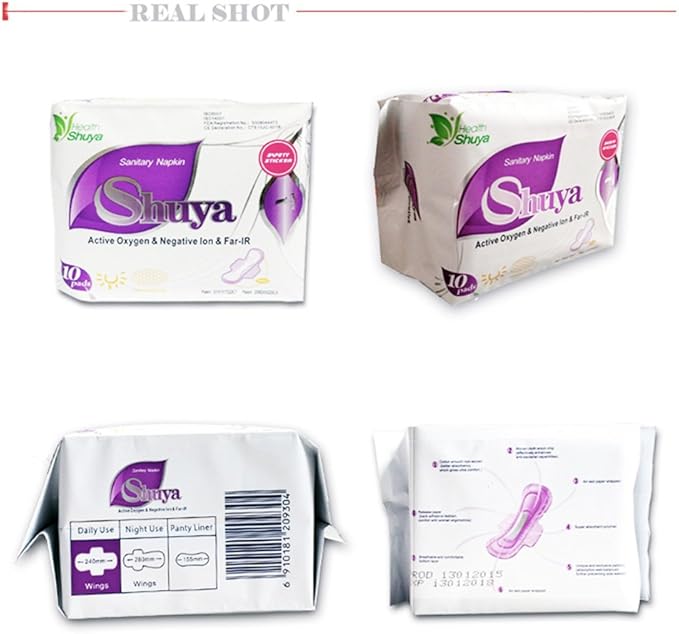SHUYA Ultral Thin Patented Anion Pads for Women with Wings, Aluminum foil Package Super Absorbency,Mint Herbal Scented, Size 245mm-50Coun(Pack of 5)