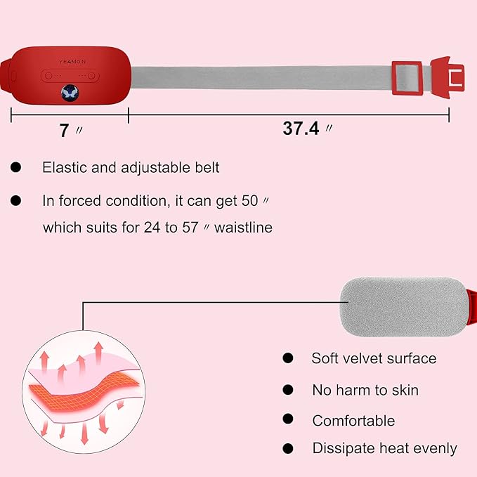 Portable Cordless Heating Pad for Cramps, Electric Waist Belt Device, Fast Heating Pad with 3 Heat Levels and 3 Vib. Massage Modes, Back or Belly Heating Pad for Women and Girl(Red)