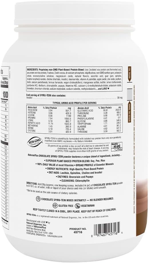 Natures Plus SPIRU-TEIN, Chocolate - 3.7 lbs - Plant-Based Protein Shake - Non-GMO, Vegetarian, Gluten Free - 60 Servings