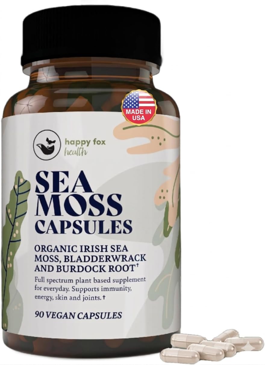 HAPPY FOX Irish Sea Moss Capsules with Burdock Root & Bladderwrack - Alternative to Seamoss Gummies or Powder, 90 Vegan Capsules, Made in USA