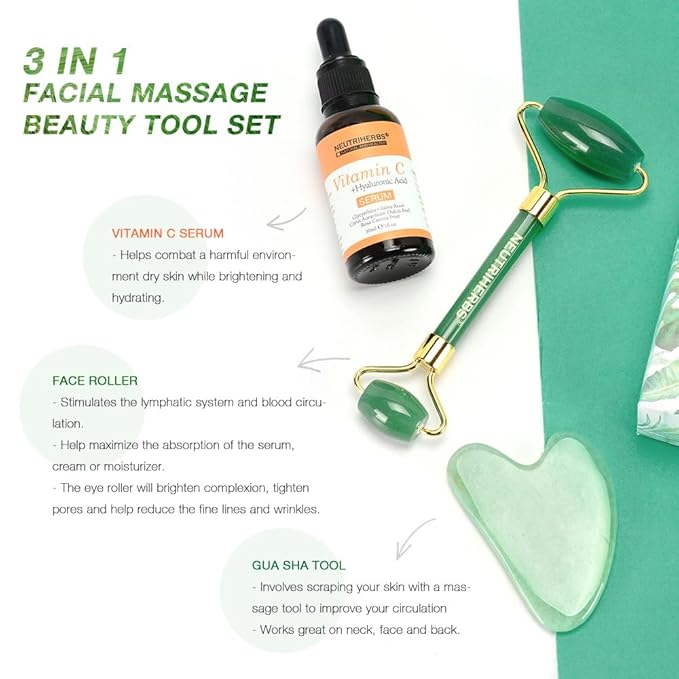 NEUTRIHERBS Jade Gua Sha & Face Roller & Vitamin C Serum Facial Tool Set(3 in 1 Kit), Home Face Massager for Wrinkle,Fine Line,Puffiness,Firm Smooth Relax Skin -- Green