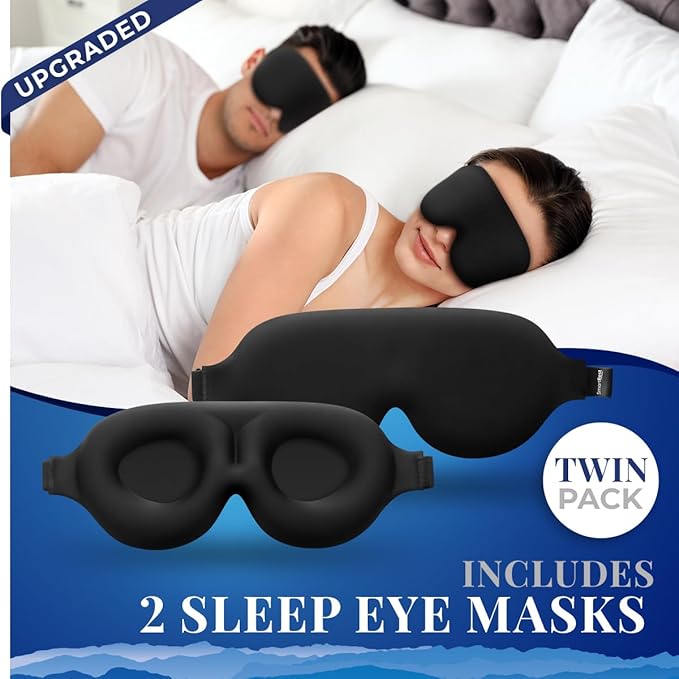 Sleep Mask [2 Pack] - Eye Mask for Sleeping - Patented, Contoured, 100% Blackout, Zero Pressure Sleeping Masks for Women and Men, Blindfold and Eye Covers - S2 Black