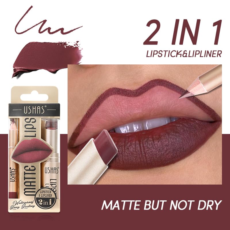 USHAS Lipstick and Lip Liner Combo Set 2 in 1 Waterproof Lipstick for Women Lip liner Set Long Lasting Lipstick, Matte Lipstick Pen with Lip Liner Set Makeup Kits (G2, Pack of 1)