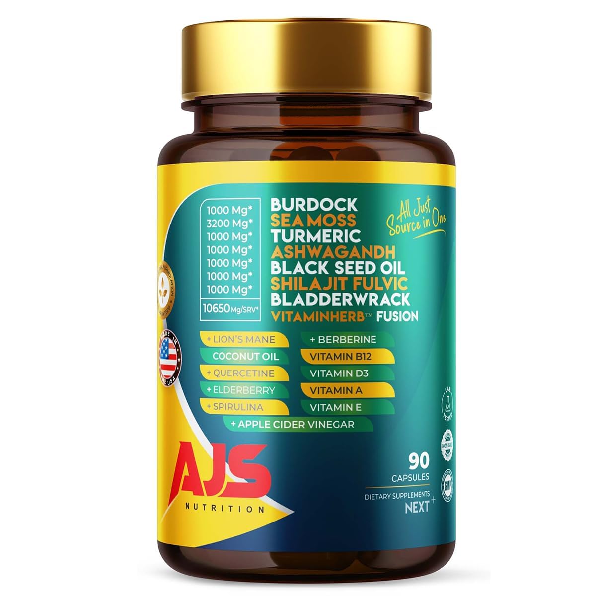 AJS Sea Moss Capsules 3200mg, Himalayan Shilajit 1000mg with Black Seed Oil, Ashwagandha, Turmeric, Bladderwrack, Burdock, Vitamins, Berberine, Lion’s Mane Mushroom, Elderberry- 90 Caps