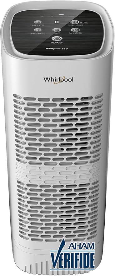 Whirlpool Whispure WPT60P, True HEPA Air Purifier, Activated Carbon Advanced Anti-Bacteria, Ideal for Allergies, Odors, Pet Dander, Mold, Smoke, Smokers, and Germs, Medium, White
