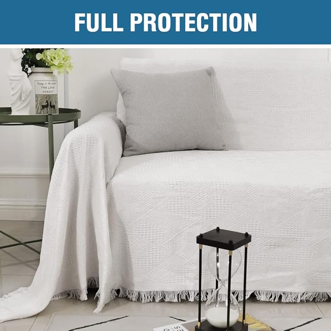 H.VERSAILTEX Cotton Sofa Covers Couch Cover Sofa Slipcover for Most Shape Sofas, Feature Thick Woven Jacquard Seamless with Tassels, Multi-Use Decorative for Couch (Large: 71" x 102", White)