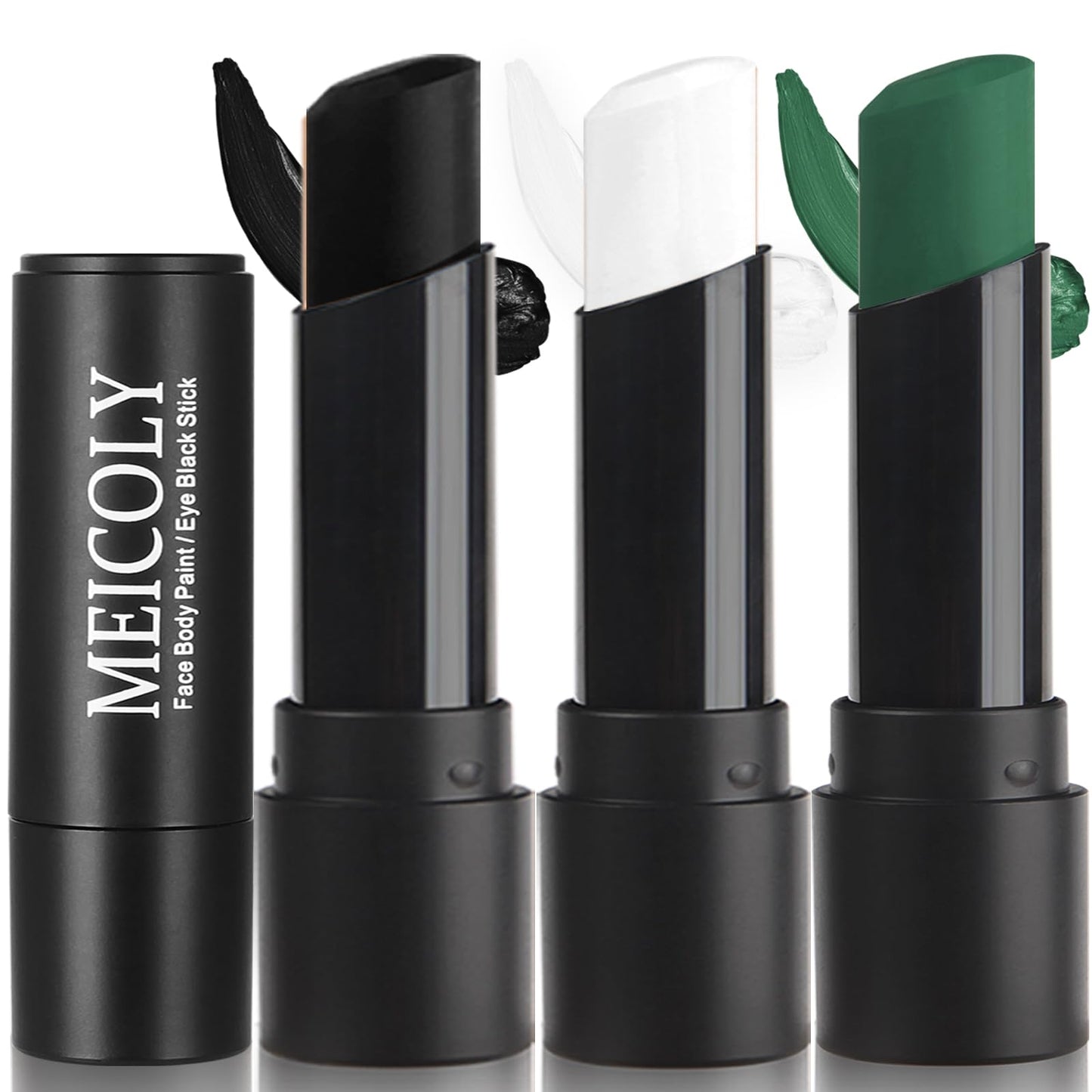 MEICOLY Tri-Color Black White Green Face Body Paint Stick,Waterproof Sweatproof Eye Black Stick for Baseball/Softball/Football,Body Paint for Halloween SFX Monster Cosplay Makeup