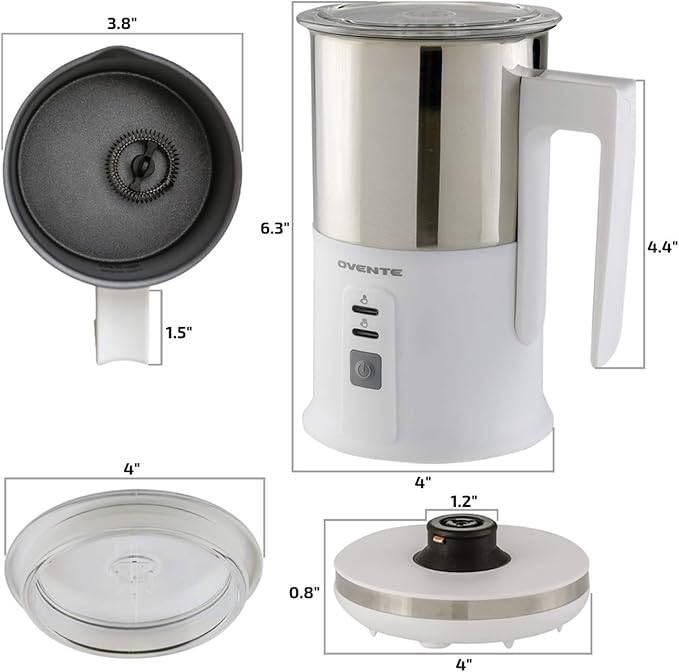 OVENTE Milk Frother Non-Stick Stainless Steel Electric Portable Auto Shut-Off Function, Hot and Cold Foam Perfect Warmer for Coffee Latte Cappuccino Chocolate, White FR1208W