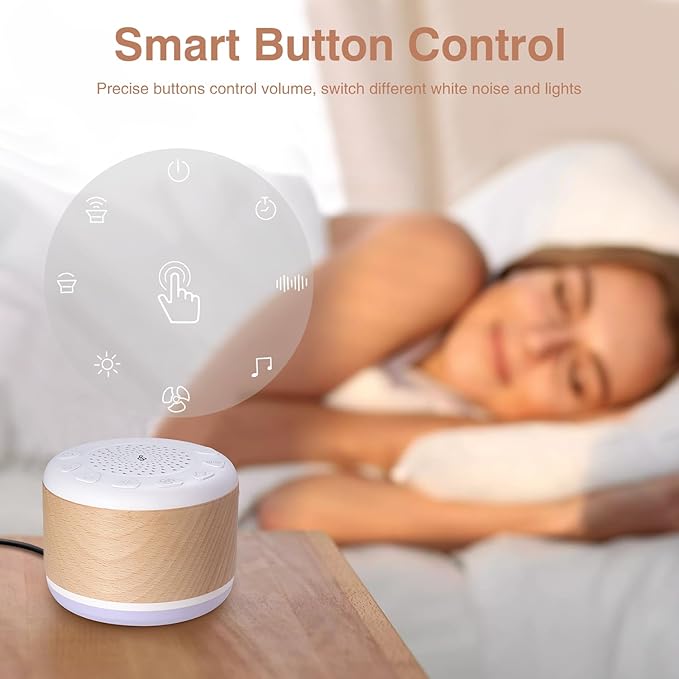 Solid Wood White Noise Sound Machine for Baby Adults Kids Sleep Sound Machine with 24 Soothing Sounds 8 Colors Night Light Timer Setting Function Portable Noise Machine for Gift (White, 3.93)