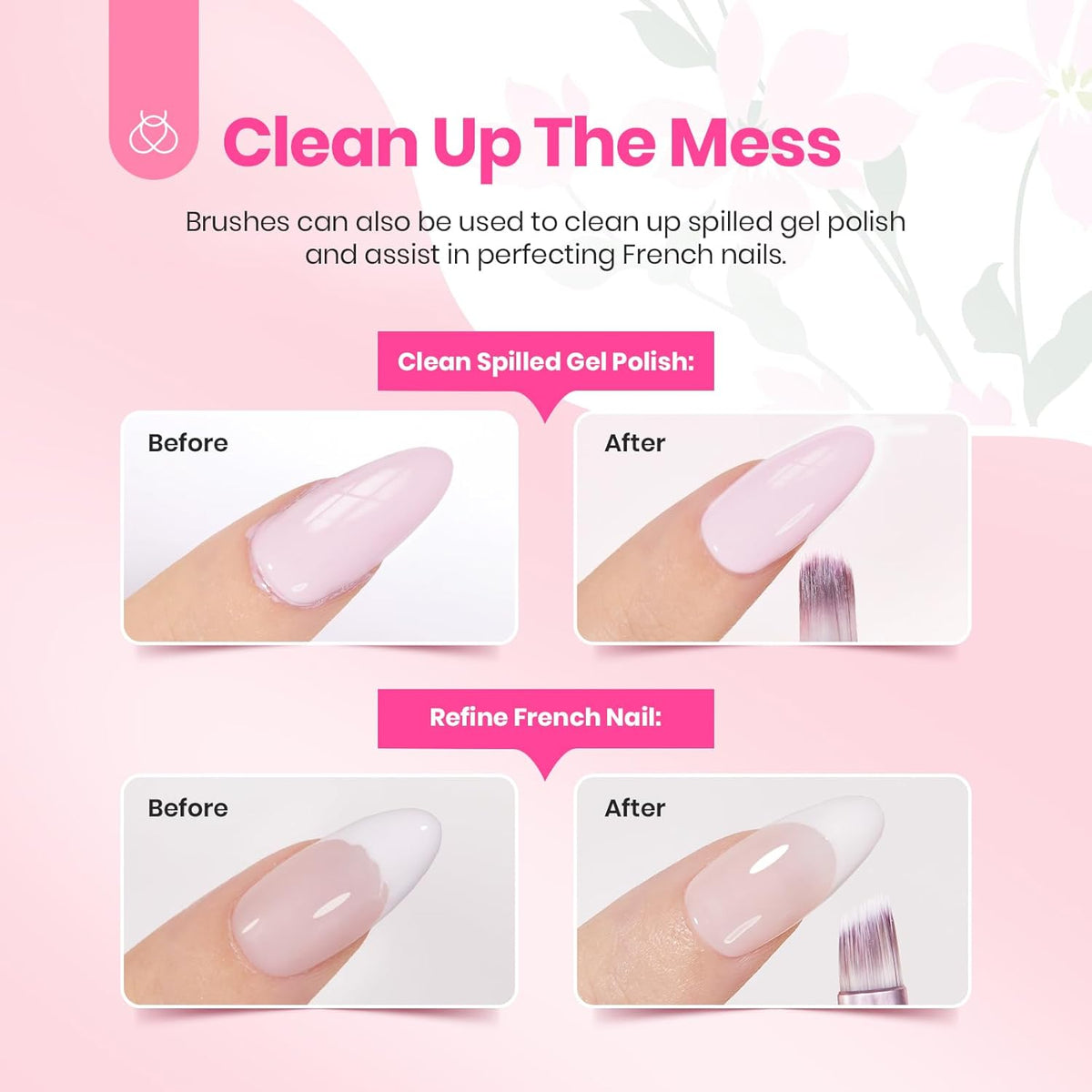 beetles Gel Polish Nail Art Brushes Set 6 Pcs Nail Brush and 8 ml Pink Painting Gel, Floral Pattern Handle Gradient Bristles Fingernail Art Pens DIY with Bowknot Accessories Manicure Design Tools Set