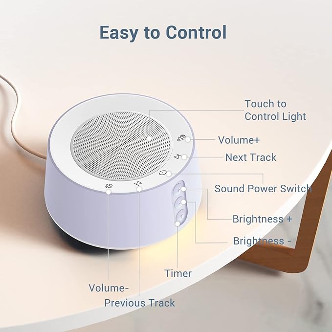 BGOVERSS White Noise Machine with 14 Soothing Sounds and 10 Levels Night Light for Sleeping, 5 Timers and Memory Feature - Plug in Sound Machine for Nursery, Baby, Kids, Adults - Light Purple