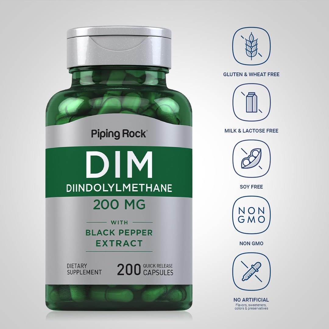 Piping Rock DIM Supplement | 200 mg | 200 Capsules | Diindolylmethane with Black Pepper Extract | Non-GMO & Gluten Free Formula