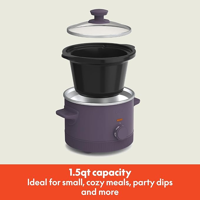 bella 1.5 Qt Slow Cooker with 3 Heat Manual Control, EverGood™ Ceramic Nonstick Coating, Dishwasher Safe Stoneware Pot and Tempered Glass Lid, Tangle Free Cord Wrap & Cool Touch Handles, Plum